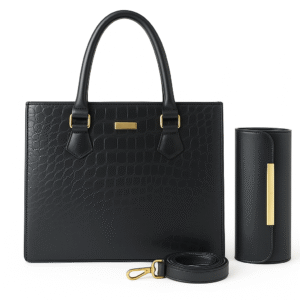 “Black crocodile-embossed shoulder and clutch bag set – elegant women’s handbag for office, college, or party by OhMyBag.pk”