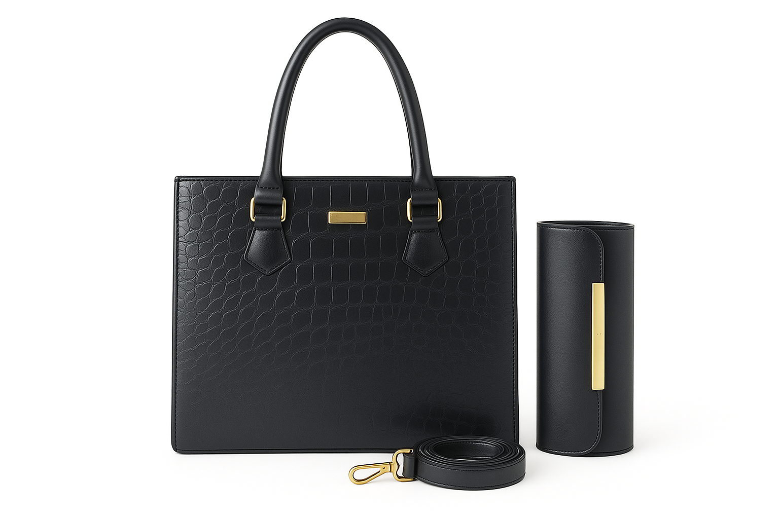 “Black crocodile-embossed shoulder and clutch bag set – elegant women’s handbag for office, college, or party by OhMyBag.pk”