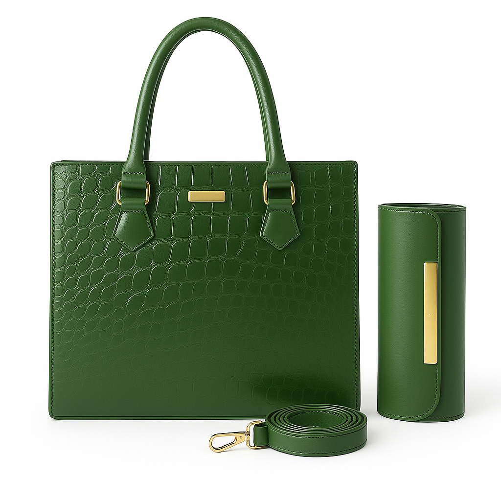 “Emerald green crocodile-textured shoulder and clutch bag set – formal women’s handbag for college, office, and weddings by OhMyBag.pk”