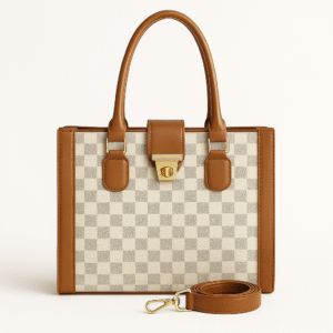 “Camel and beige checkered shoulder bag – women’s structured handbag for college, work, and casual wear by OhMyBag.pk”