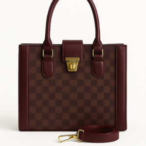 “Burgundy checkered shoulder bag for women – stylish handbag for college, work, and daily wear by OhMyBag.pk”