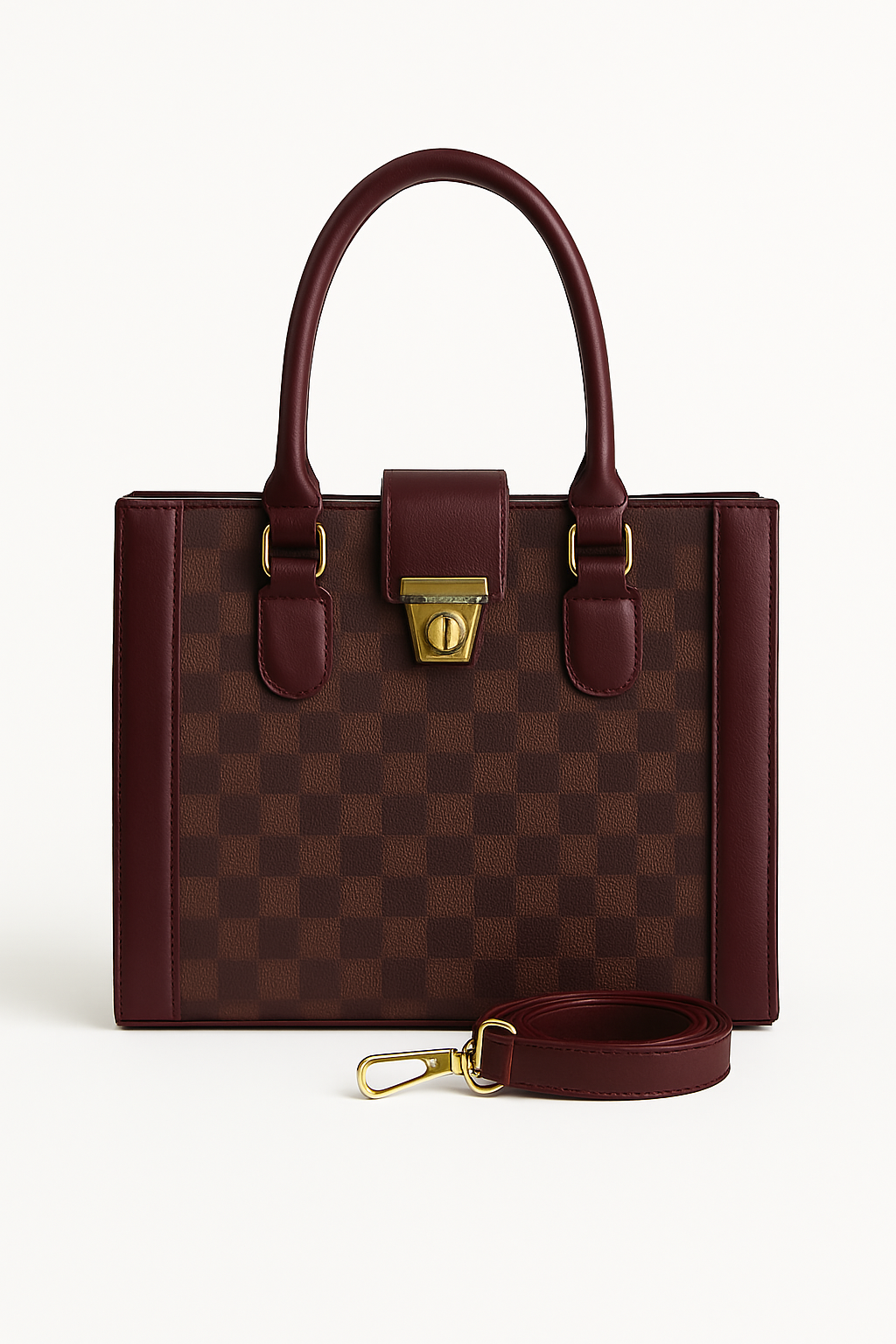 “Burgundy checkered shoulder bag for women – stylish handbag for college, work, and daily wear by OhMyBag.pk”