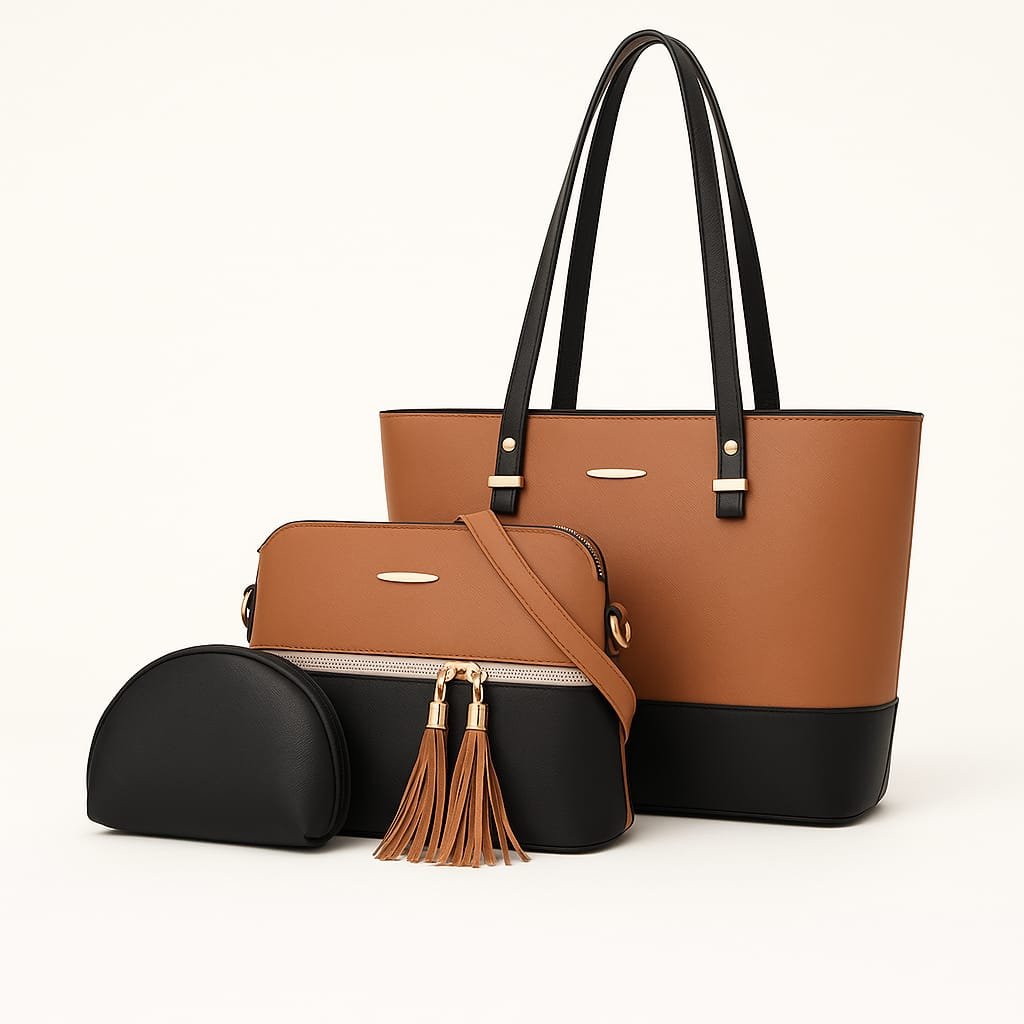 “Set of 3 brown and blacltote bags for college and office – women’s handbag collection by OhMyBag.pk”