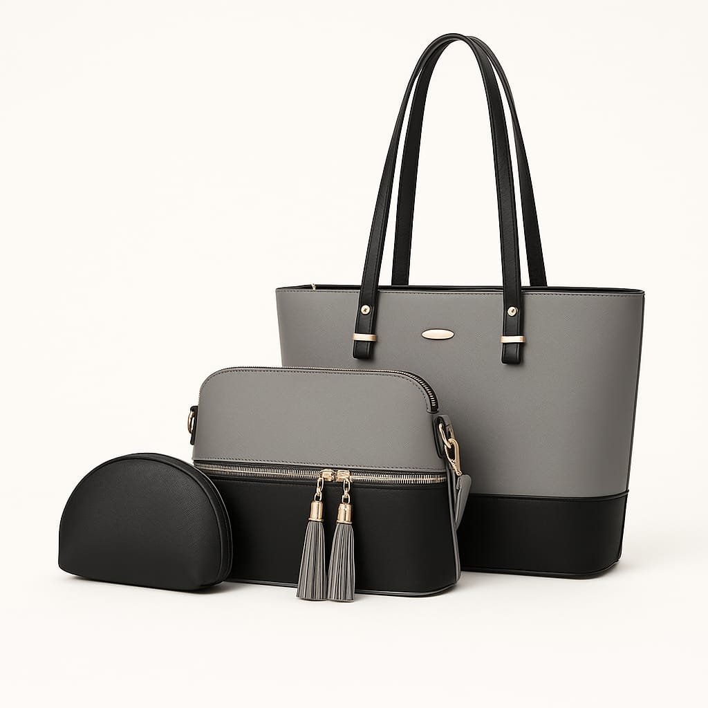 “Set of 3 grey and black tote bags for everyday and work – women’s handbags by OhMyBag.pk”