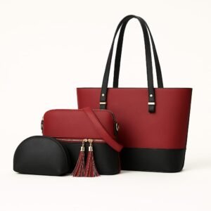 “Set of 3 red and black tote bags for everyday and office use – women’s handbag collection by OhMyBag.pk”