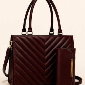 Deep burgundy V-Line Luxe handbag with quilted design – stylish women’s bag for office, college, and party wear by OhMyBag.pk